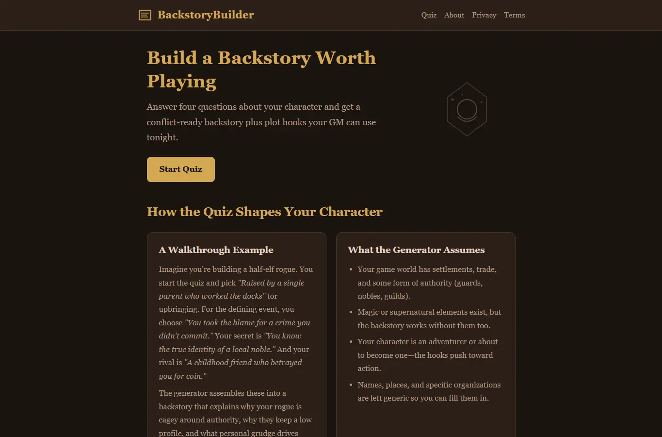 Screenshot of BackstoryBuilder: RPG Character Depth Quiz interface showing the project page in use